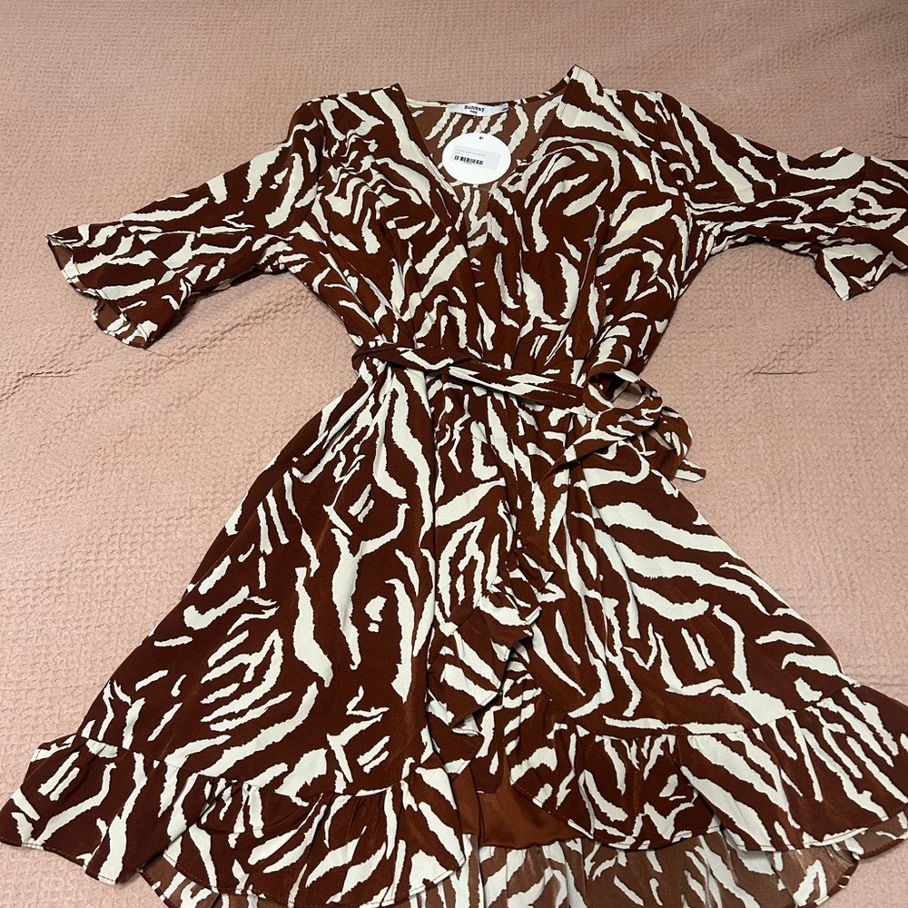 Brown and White  Print  Wrap Dress